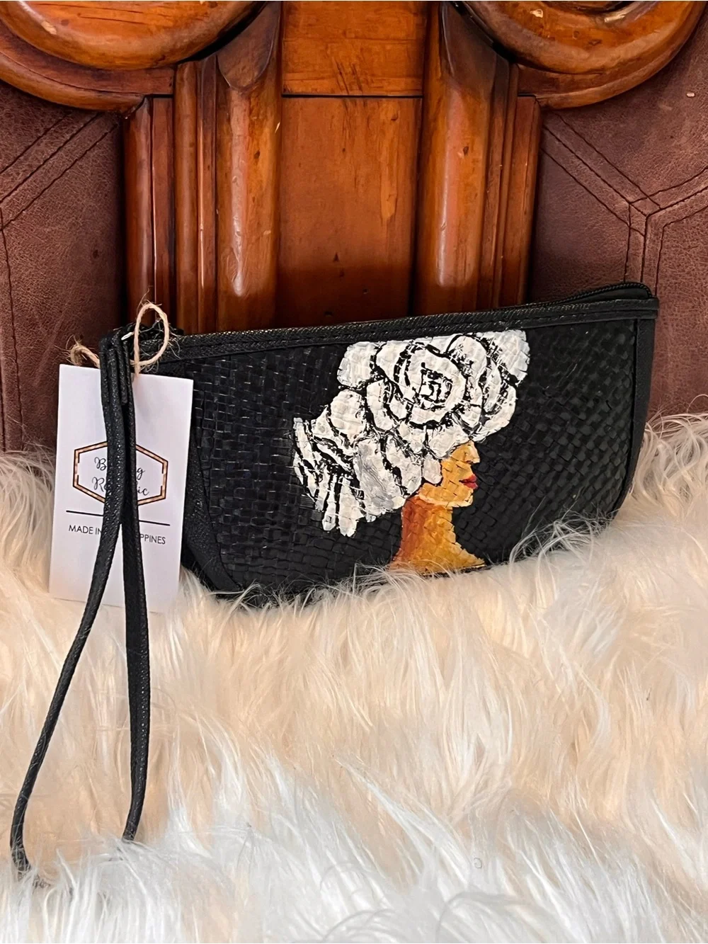 Hand-Painted  Woven Clutch with Floral Head made Philippine wrestle or clutch